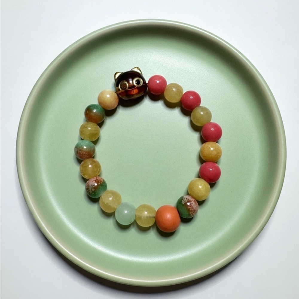 Kids Multicolor Beaded Cat Charm Bracelet - Pink, Green, Yellow